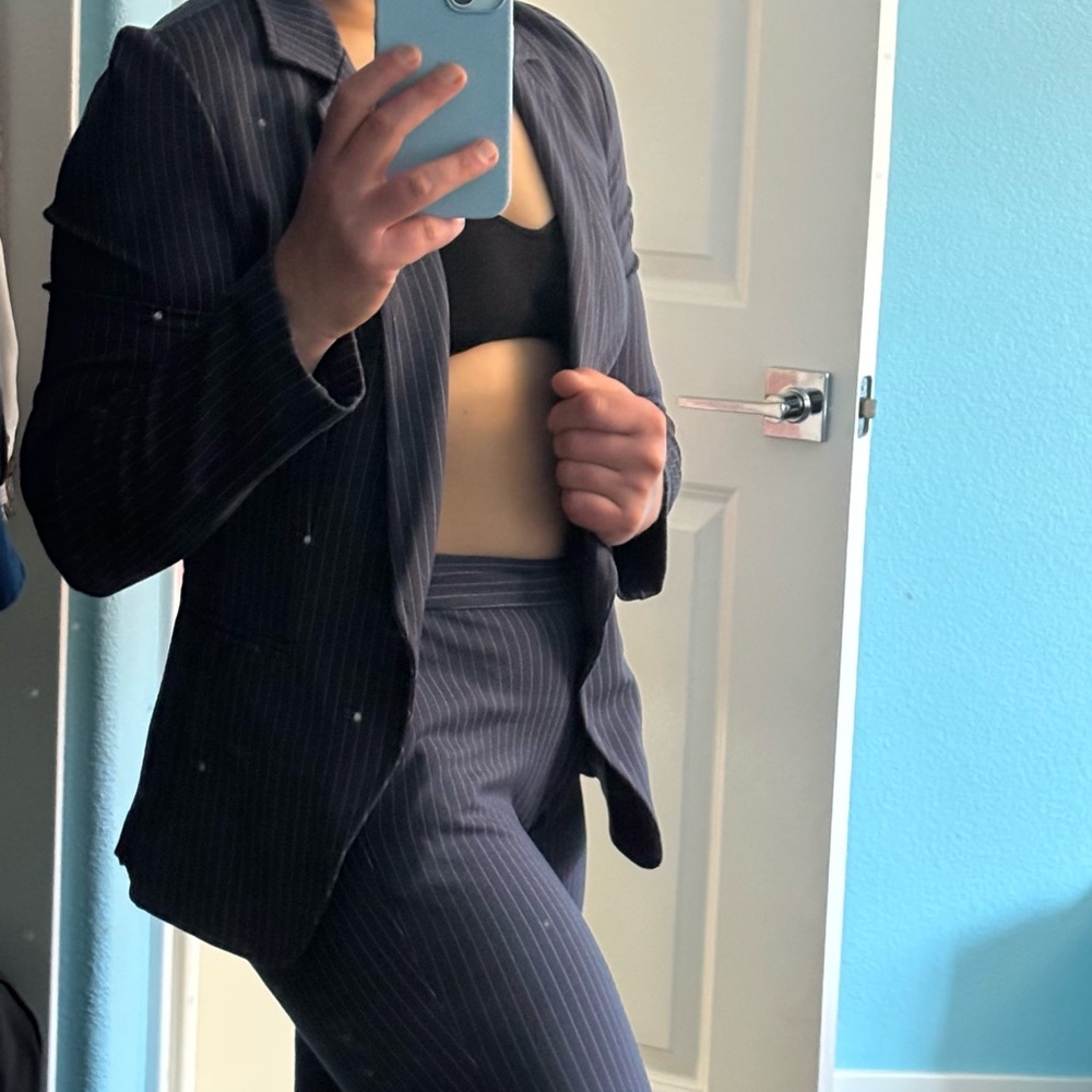 Betabrand Blue and White Blazers & Pants Professional Fit